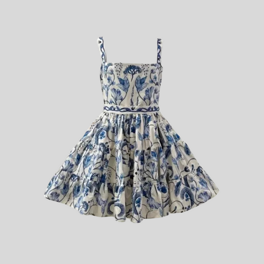Fitted Mini Dress With Blue Floral And Paisley Pattern - White