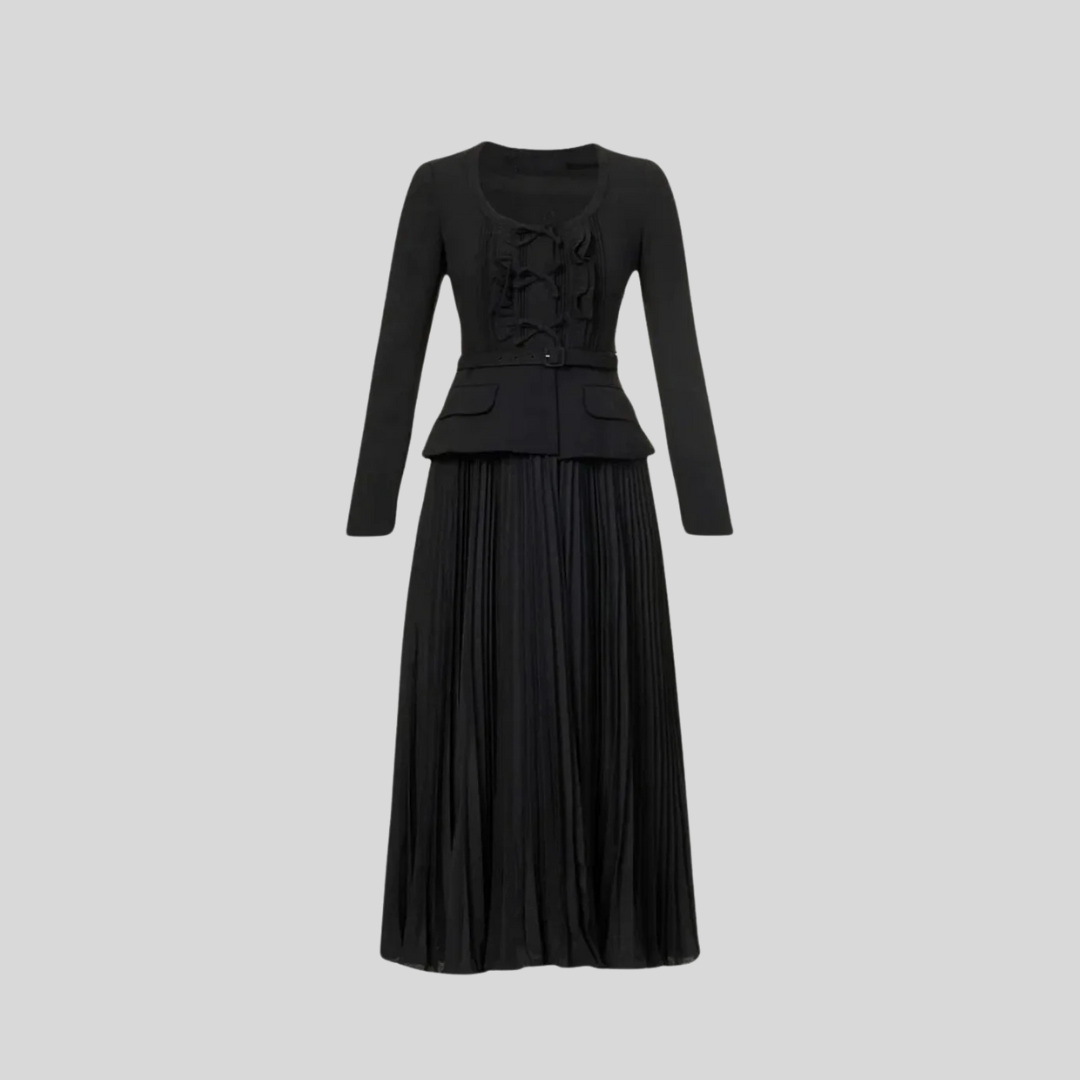 Long Sleeved Dress With Fitted Bodice And Maxi Pleated Skirt - Black