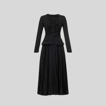 Long Sleeved Dress With Fitted Bodice And Maxi Pleated Skirt - Black