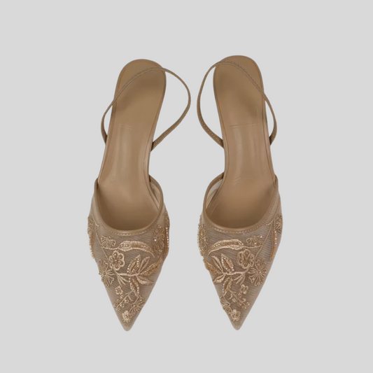 Elegant Mesh Embroider Slingback - Beige