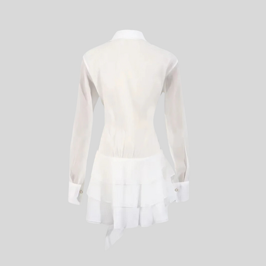 Elegant Dress With Sheer Long Sleeves, Deep V-Neckline And Ruffled Layering - White - Black