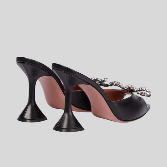 Vegan Leather Crystal Bowknot  High Heels - Black