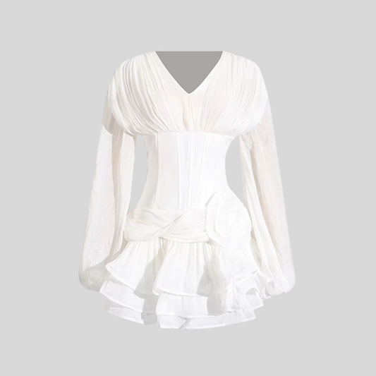 Elegant Dress With Corset-Style Bodice, Layered Ruffle Hem And Puffed Sleeves - Black - White