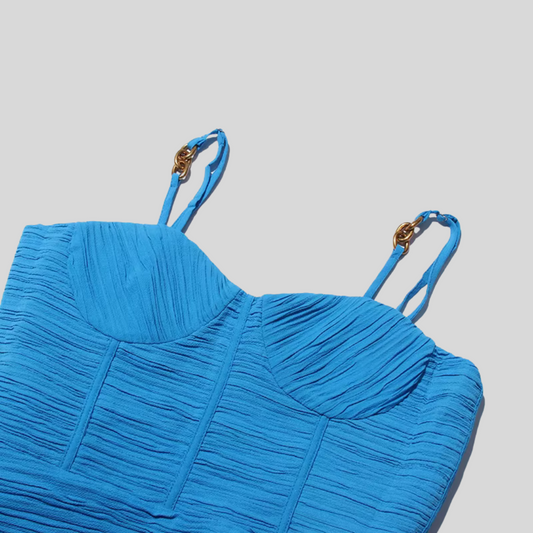 Elegant Dress With Ruched Fitted Bodice And Straight Skirt With Side Slit - Ivory - Blue - Black