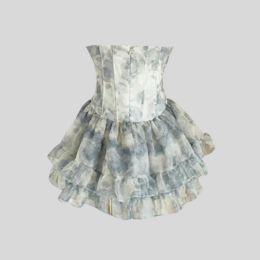 Elegant Corset Mini Dress With Layered Sheer Skirt And Pastel Floral Pattern - White/Blue