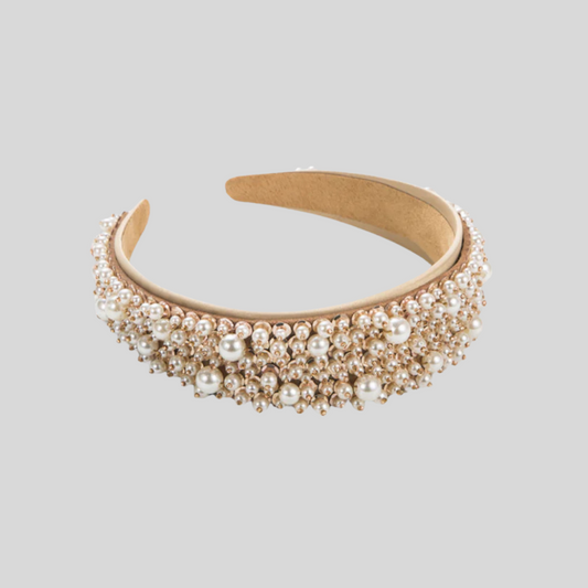 Pearl Embellished Headband With Suede Lining - Gold