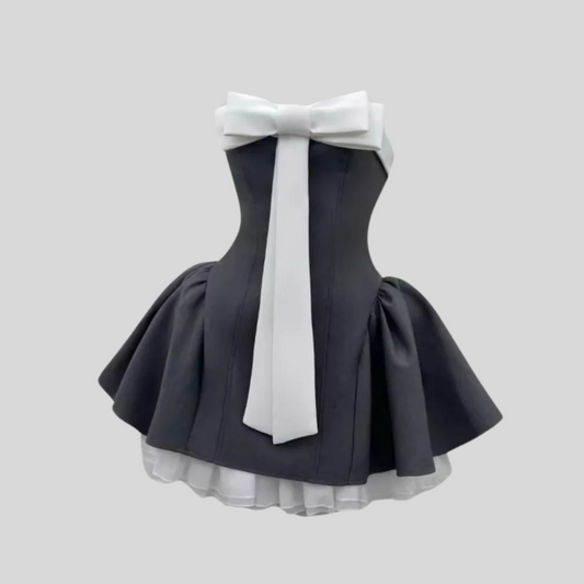 Corset Strapless Mini Dress With Flared Skirt And White Bow Accent - Gray