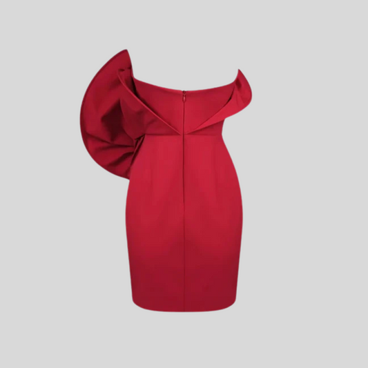 Asymmetrical Off-Shoulder Mini Dress With Oversized Rose Embellishment - Red