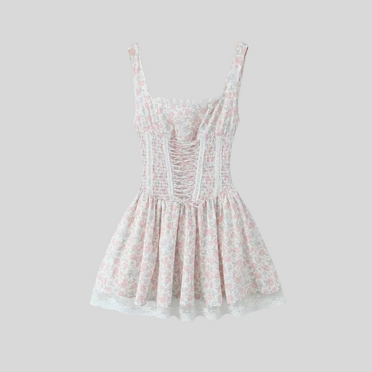 Sleeveless Summer Dress With Pink Floral Pattern And Lace-Up Front Detailing - White