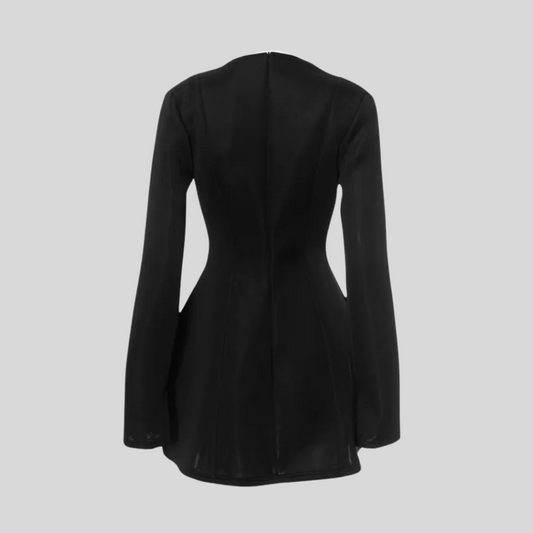 Long Sleeved Blazer Dress With Deep V-Neckline - Black - White