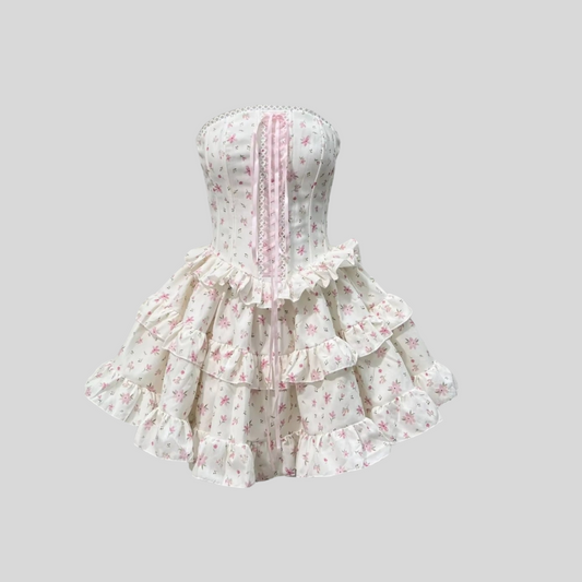 Corset Mini Dress With Ribbon Lacing Detail And Multi-Layered Ruffled Skirt - White/Blue - White/Pink