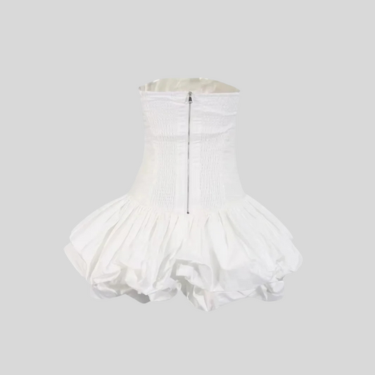 Mini Dress With Ruched Bodice And Voluminous Bubble Hem - White - Pink - White/Red