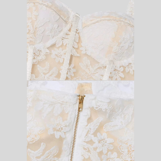 Elegant Lace Dress With Fitted Bodice And Delicate Floral Patterns - Ivory