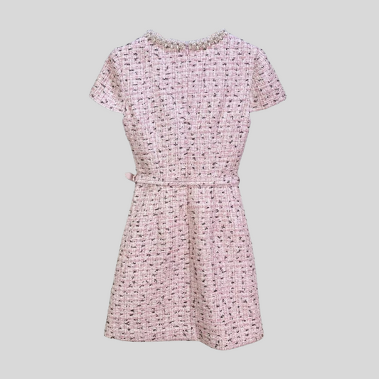 Elegant Textured Mini Dress With Short Sleeves And Matching Belt - Pink