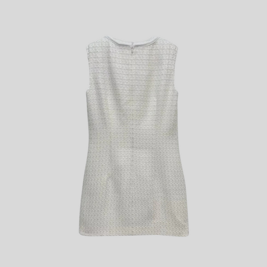 Textured Sleeveless Dress With Metal Embellished Bows - White