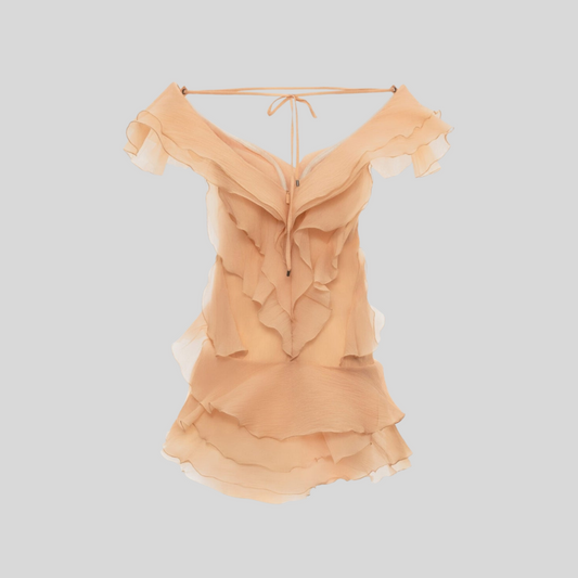 Layered Sheer Mini Dress With Ruffled Design - Beige