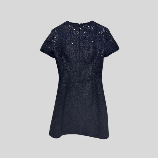Short Sleeved Sequin Mini Dress With Sparkling Neckline Bows - Black