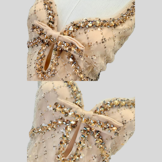 Fitted Mini Dress With Diamond Pattern And Sequin Embellishments - Gold