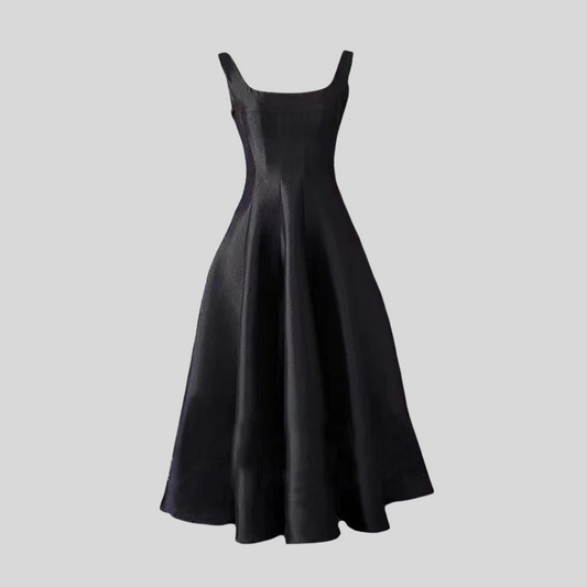Satin Fit-and-Flare Midi Dress with Square Neckline - White - Black - Fuchsia