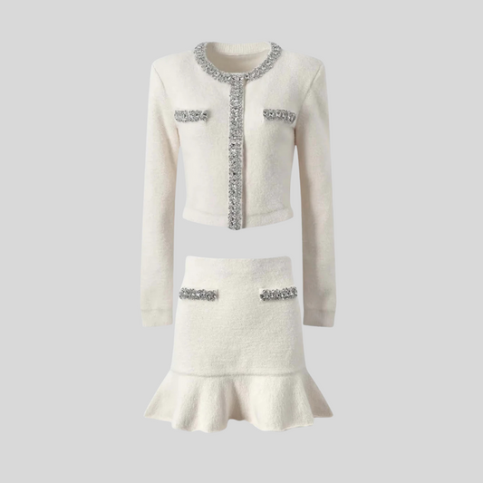 Soft Co-ord Set With Long Sleeves, Mini Skirt And Sparkling Embellishments - White