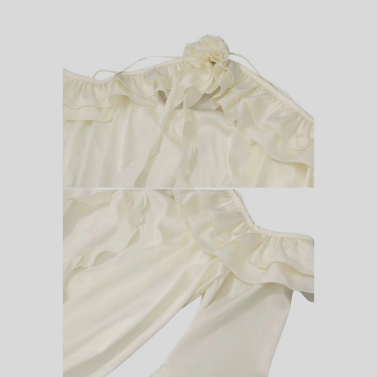Elegant Dress With Ruffled Layers And Flared Sleeves - Ivory