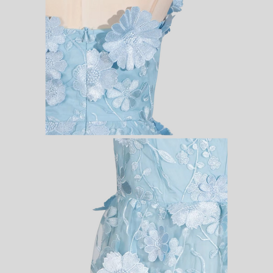 Layered Sheer Dress With Fitted Waist And Floral Appliques - Light Blue
