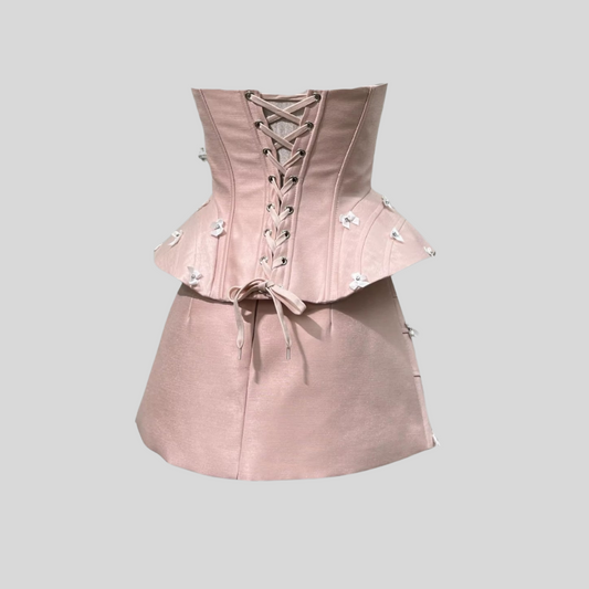 Elegant Set With Peplum Silhouette Top And Mini Skirt - Pink