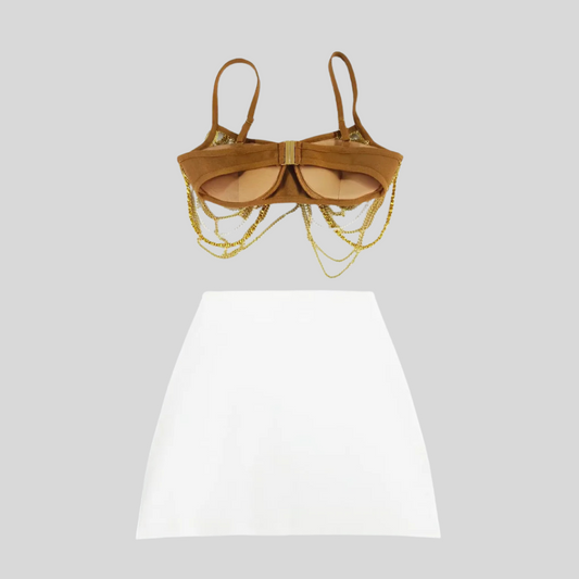 Pearls And Chains Embellished Set With Contrasting Top And Mini Skirt - Gold/White