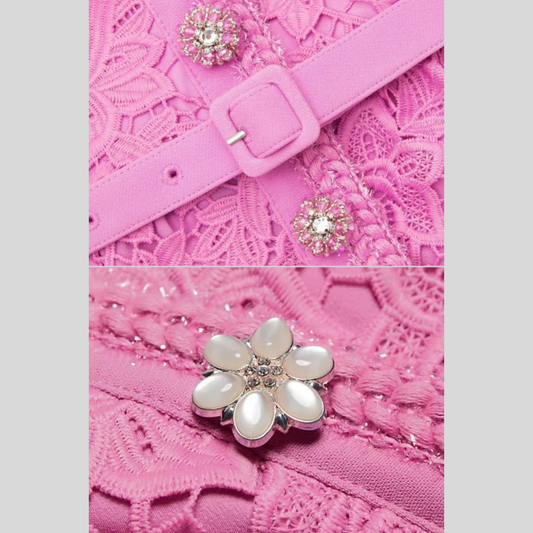 Elegant Dress With Lace Top, Matching Belt And Coordinated Skirt - Pink
