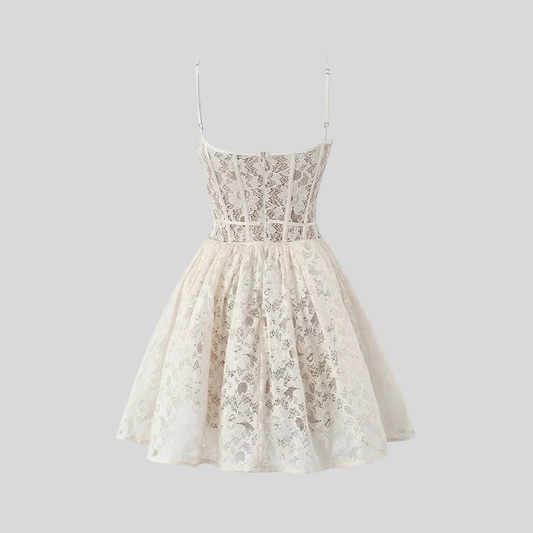 Elegant Lace Strapless Dress With Fitted Bodice And Flared Skirt - White