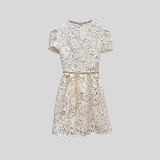 Short Sleeved Lace Dress With Rounded Neckline And Decorative Bow - Ivory