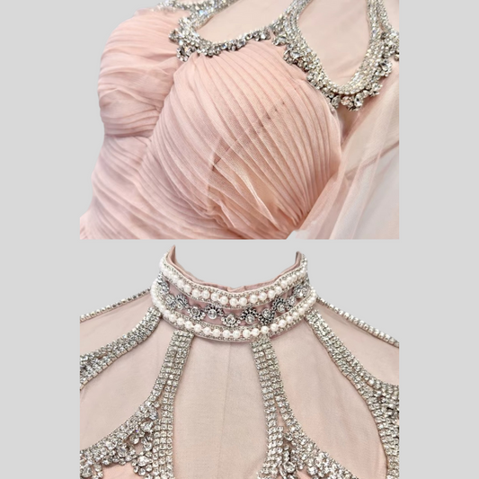 Elegant Dress With Long Sleeves, High Neckline And Ruched Bodice - Peach