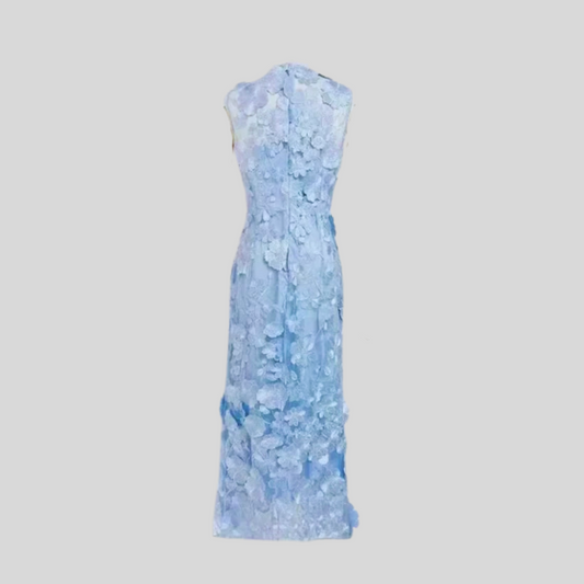 Sheer Dress With Fitted Waist And Floral Appliques - Light Blue