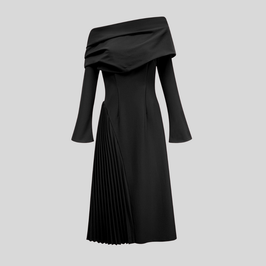 Chic Pleated Maxi Dress with High Slit - Red - Black