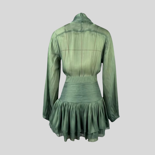 Pleated Dress With Long Sleeves, Cinched Waist And High Neckline - Green - Silver - Khaki