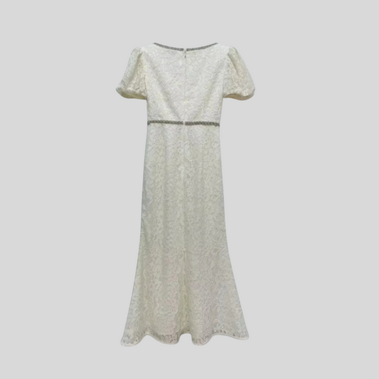 Short Sleeved Lace Dress With Short Puff Sleeves And Scoop Neckline - Ivory