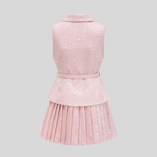 Sleeveless Textured Mini Dress With Pleated Skirt And Waistbelt - Pink