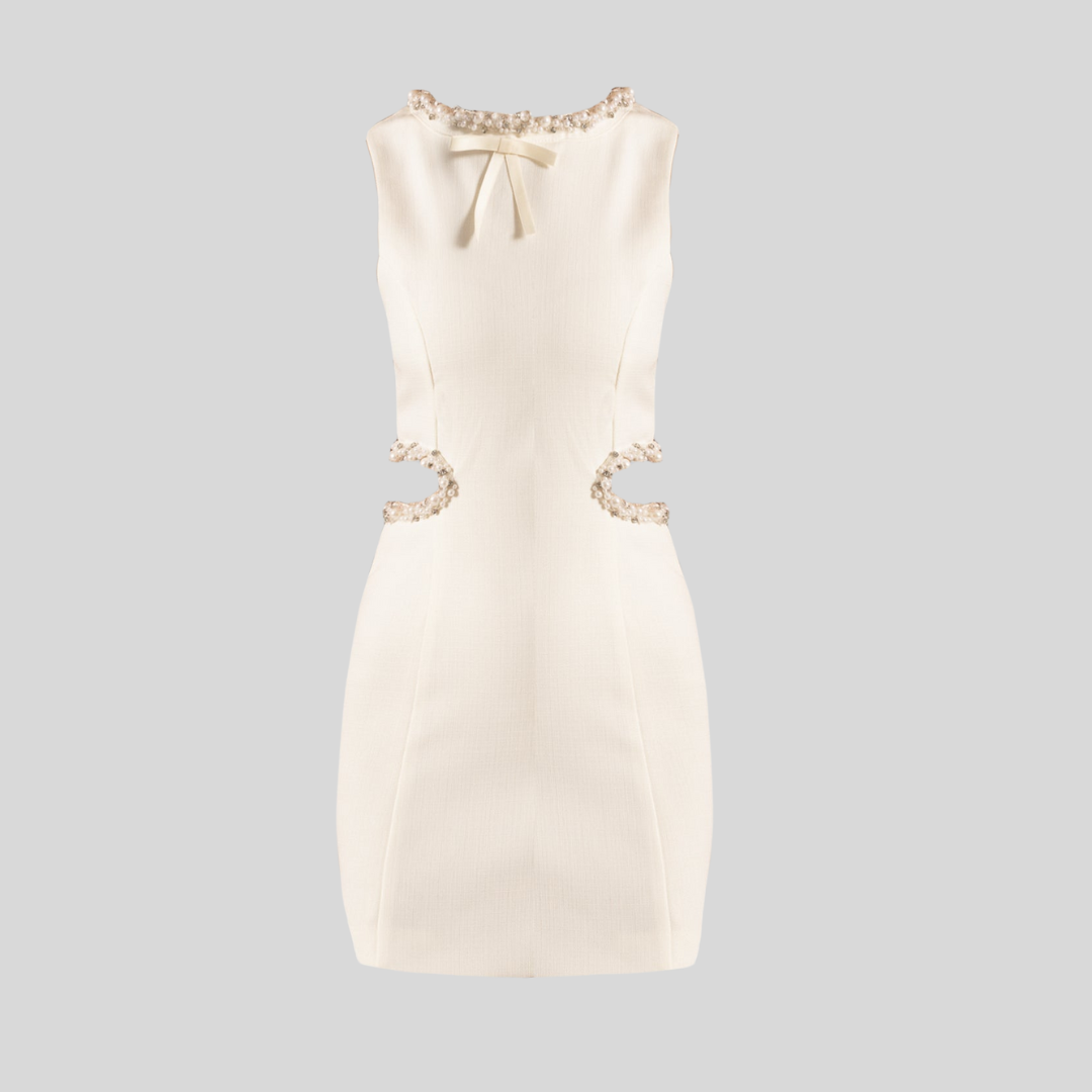 Elegant Mini Dress With Side Cutouts And Pearl Detailing - Black - White
