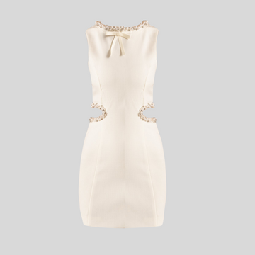 Elegant Mini Dress With Side Cutouts And Pearl Detailing - Black - White