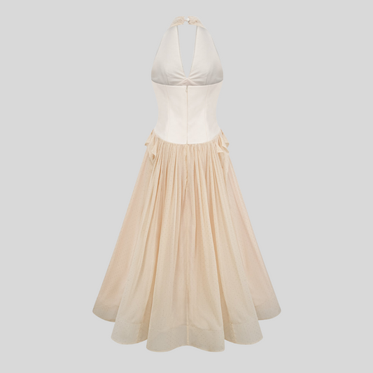Elegance Halterneck Tulle Midi Dress - Ivory