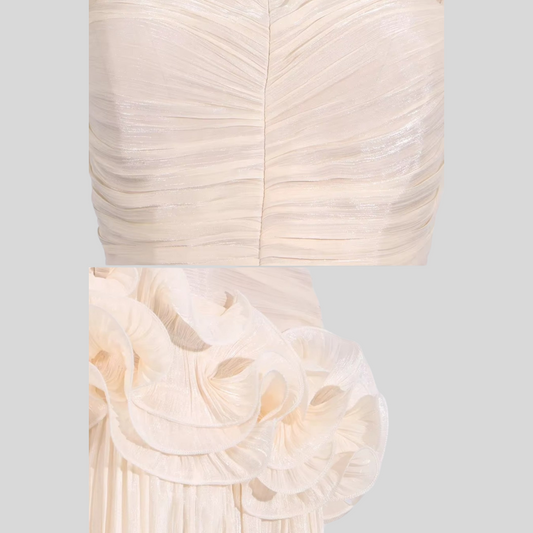 Elegant Ruched Gown With Fitted Bodice And Ruffled Waistline - Ivory