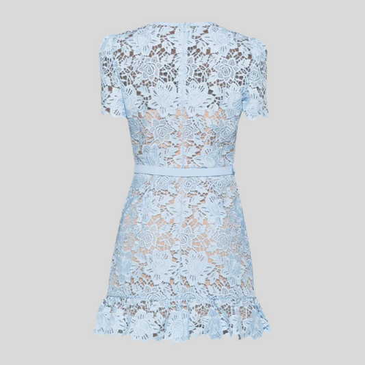 Floral Embroidered Dress with Short Sleeves - Blue