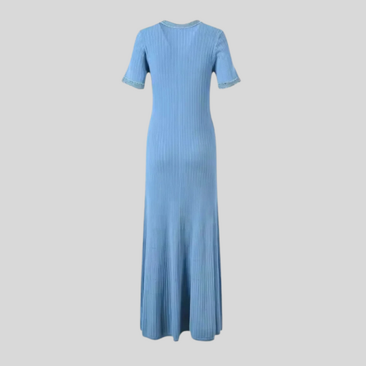 Elegant Ribbed Knit Maxi Dress - Blue