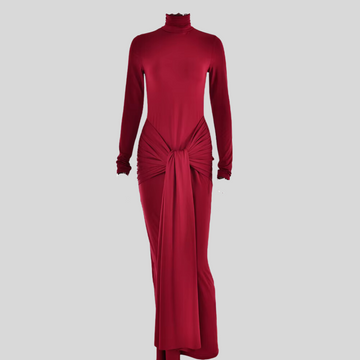 Elegant Long  High Neck Dress - Red