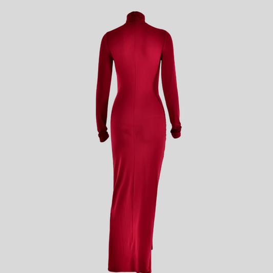 Elegant Long  High Neck Dress - Red