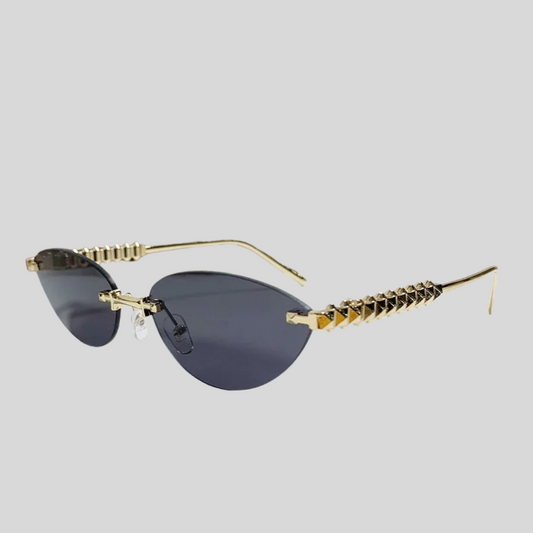 Cat Eye Rivet Rimless Sunglasses  With Gold Frame - Black - Brown - Baby Blue