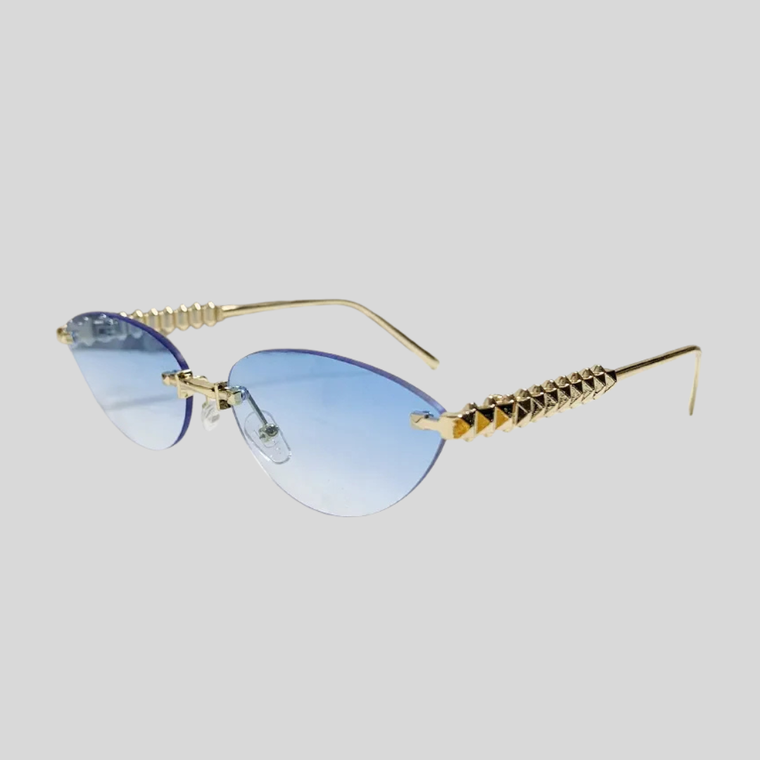 Cat Eye Rivet Rimless Sunglasses  With Gold Frame - Black - Brown - Baby Blue