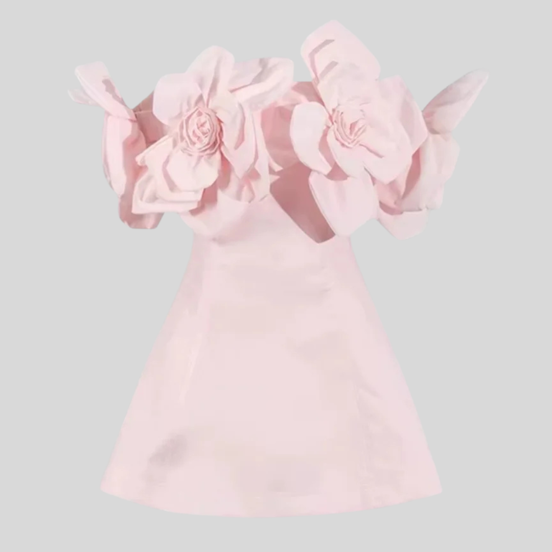 Off-Shoulder Mini Dress with Oversized Floral Appliqués - Pink
