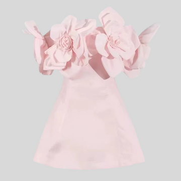 Off-Shoulder Mini Dress with Oversized Floral Appliqués - Pink