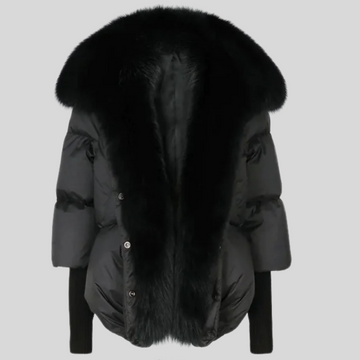 Fox Fur Trim Puffer Jacket - Black